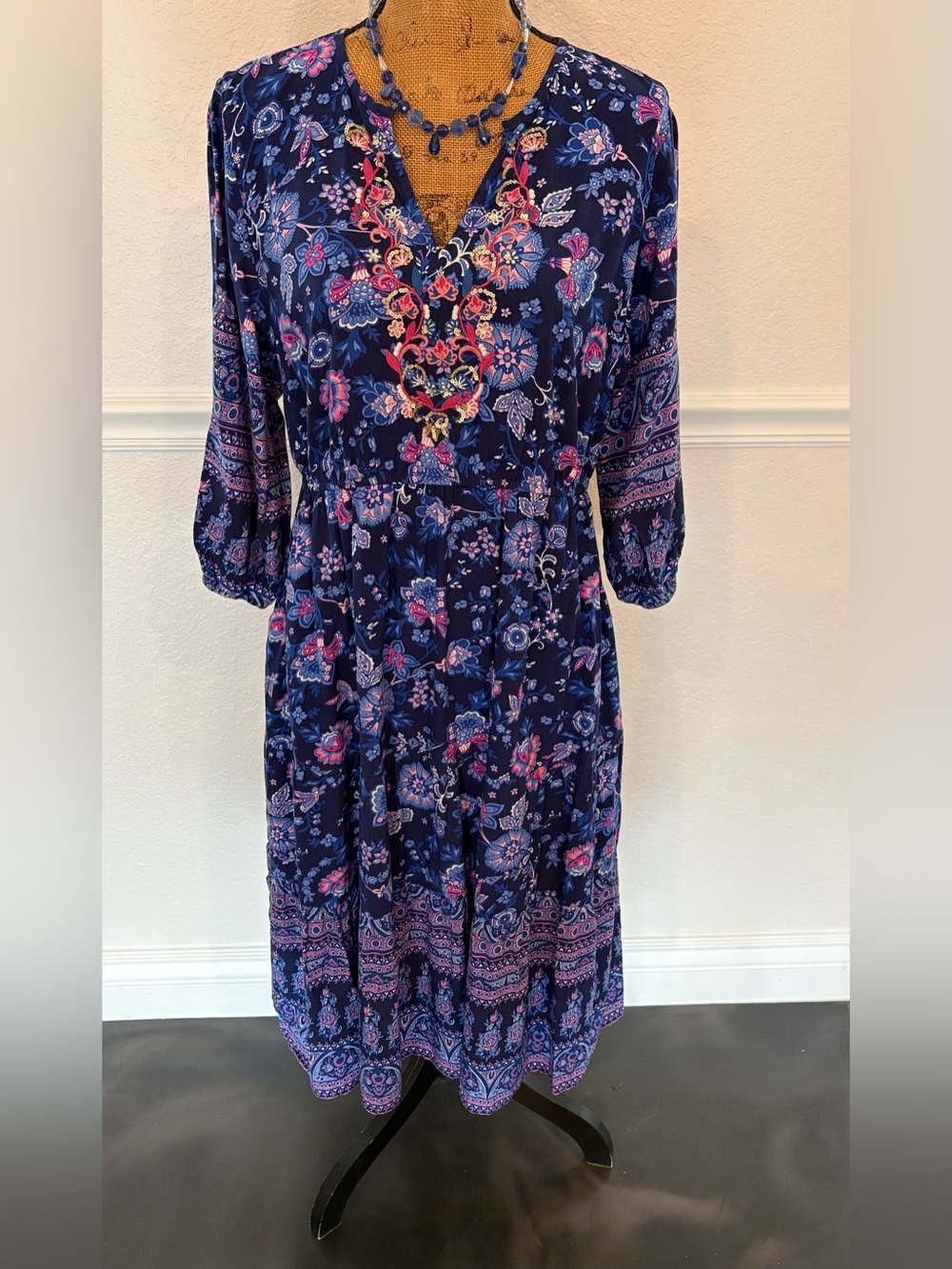 Soft Surroundings Jordana LP Dress Blue Floral Embroidered Sequined Large Petite - Picture 10 of 13